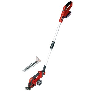 Akumulátorové nožnice na trávu a kríky Einhell GE-CG 18/100 Li T Kit s teleskopickou rukoväťou a dvoma nožmi.