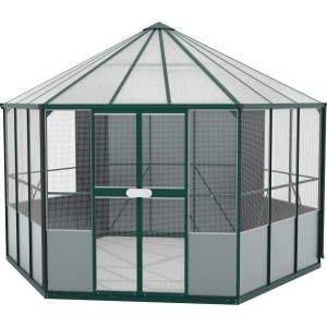 Vitavia Vogelvoliere Circus 9000 Smaragd, osemuholníkový plastový záhradný domček so stanovou strechou a zelenými rámami.
