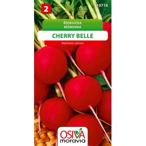 Balíček semien reďkovky 'Cherry Belle', červené, okrúhle reďkovky na obale.