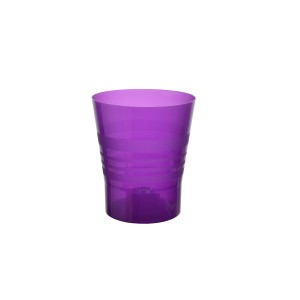 Fialový plastový kvetináč na orchidey s rebrovaným dizajnom.