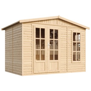 Drevený záhradný domček Timbela M334FB+H334FBGREY, 6,03 m², s podlahou a sivými strešnými škridlami.
