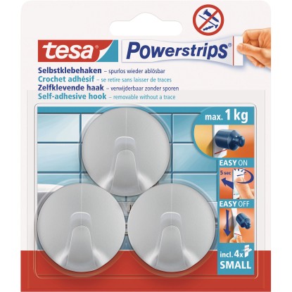 tesa Samolepiace háčiky Powerstrips S malé kruhové, matný chróm, 3 ks