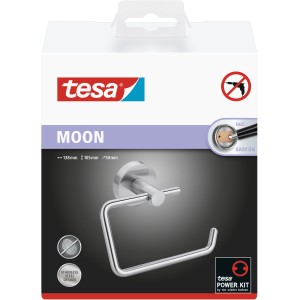 Držiak toaletného papiera Tesa Moon vo vzhľade nehrdzavejúcej ocele, na montáž na stenu bez vŕtania.