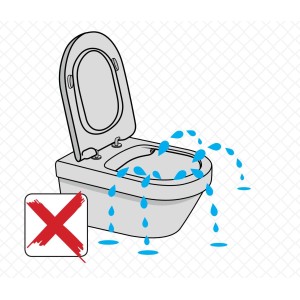 Symbolický obrázok: WC s problémom splachovania, červená značka. Odkaz na obmedzovač prietoku splachovania pre podomietkové nádrže.