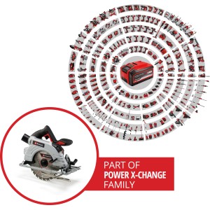 Akumulátorová ručná okružná píla Einhell Power X-Change TP-CS 18/190 Li BL Solo s akumulátorom Power X-Change v pozadí.