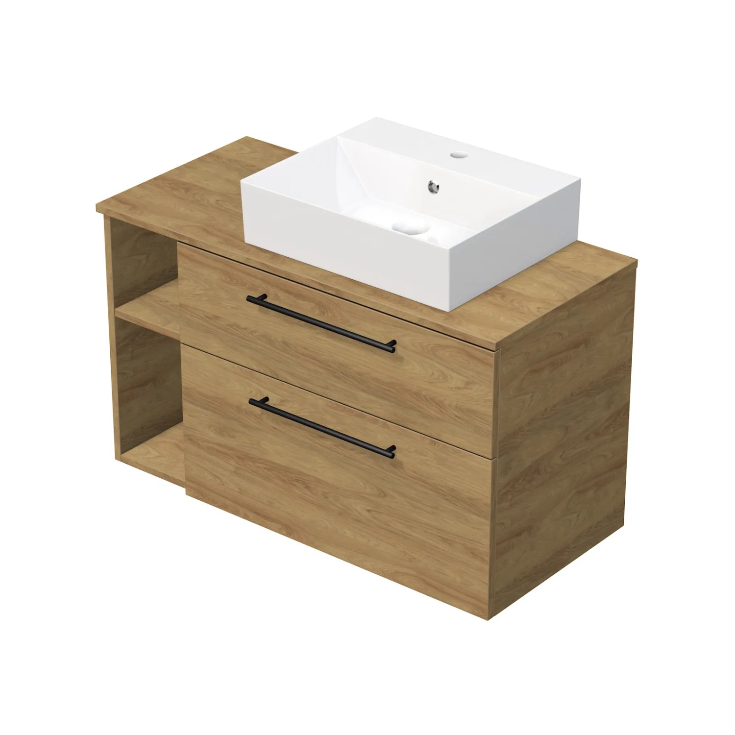 E-shop INTEDOOR Kúpeľ.skriňa+umývadlo BEE, úchyt čierny, 100cm, regál vľavo dub Hickory