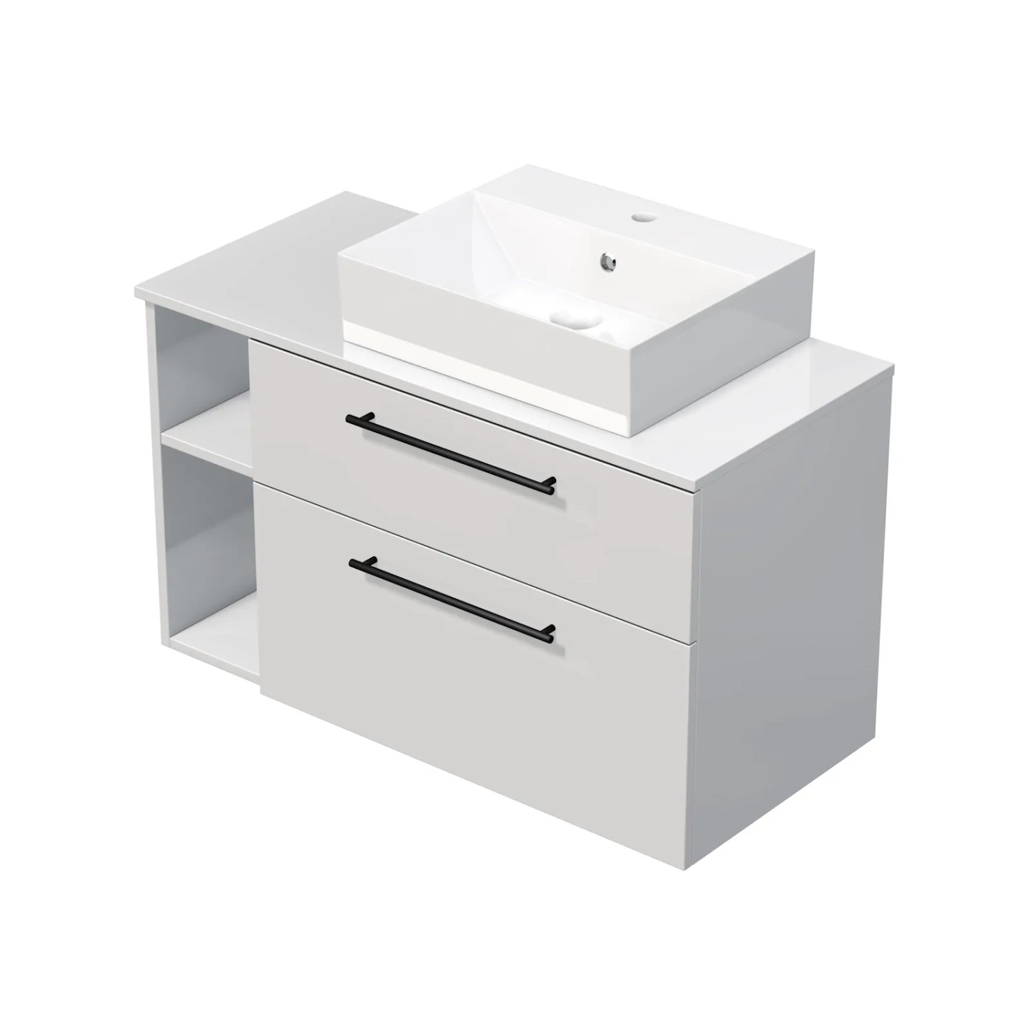 E-shop INTEDOOR Kúpeľ.skriňa+umývadlo BEE, úchyt čierny, 100cm, regál vľavo, biela lesk