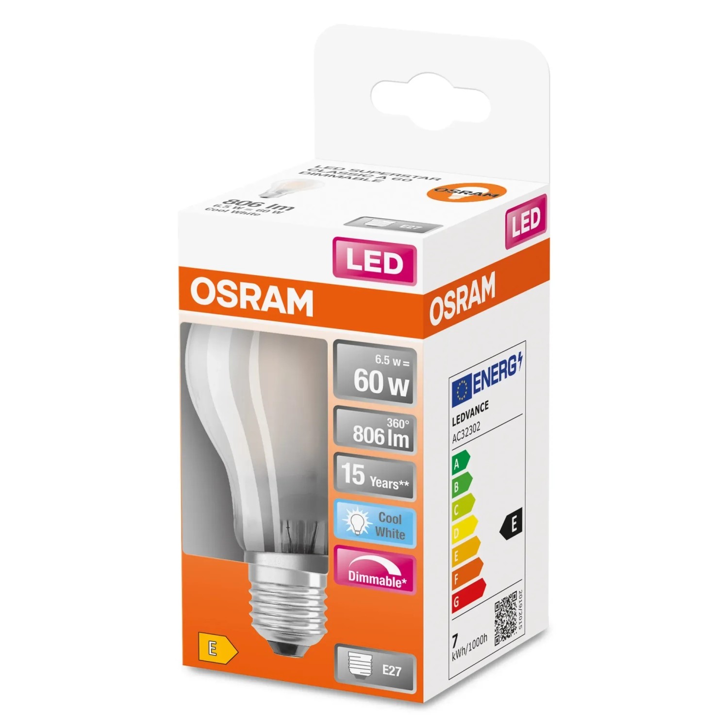 E-shop OSRAM LED žiarovka CLA60 6,5 W E27 4000 K Filament studená biela matná stmievate