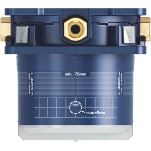 Grohe Rapido SmartBox podomietkové teleso pre batérie, modrá krabica s mosadznými prípojkami.