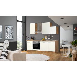 Kuchynská linka Flex-Well Vintea 220 cm vo farbe Magnolia/Lancelot Oak so spotrebičmi a drezom.
