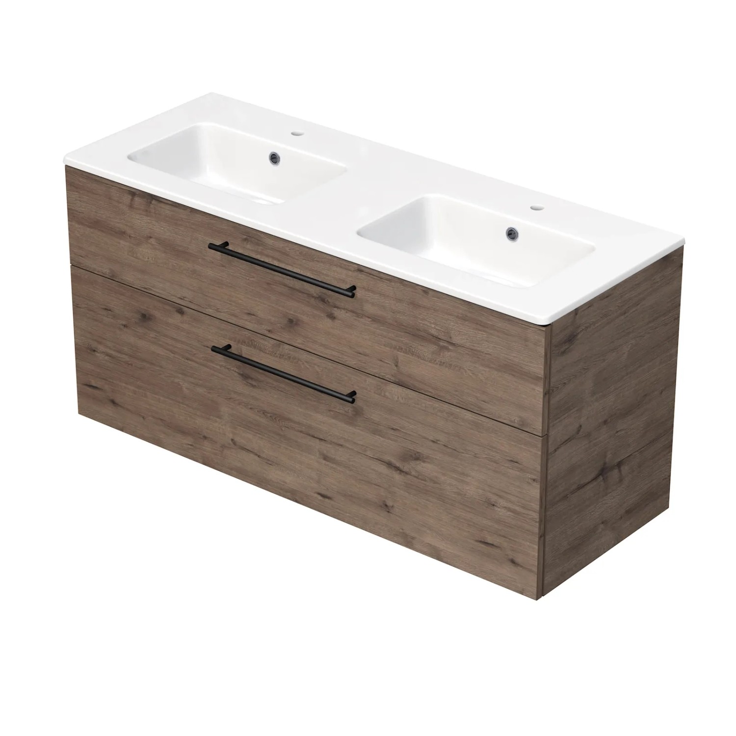 E-shop INTEDOOR Kúpeľ.skriňa+dvojumývadlo BEE, úchyt čierny, š. 121 cm, dub Wellington