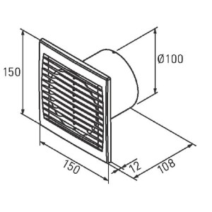 Technický výkres: Ventilátor Air-Style System 100 s Eco-Timer, rozmery 150x150x108 mm, priemer 100 mm.