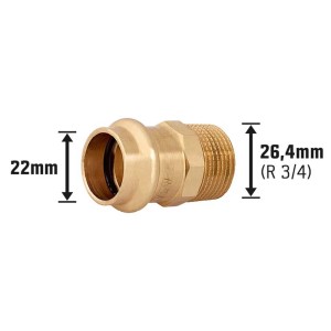 Prechodový nipel z červeného bronzu, 22 mm x 26,4 mm (R 3/4) pre lisovacie tvarovky.