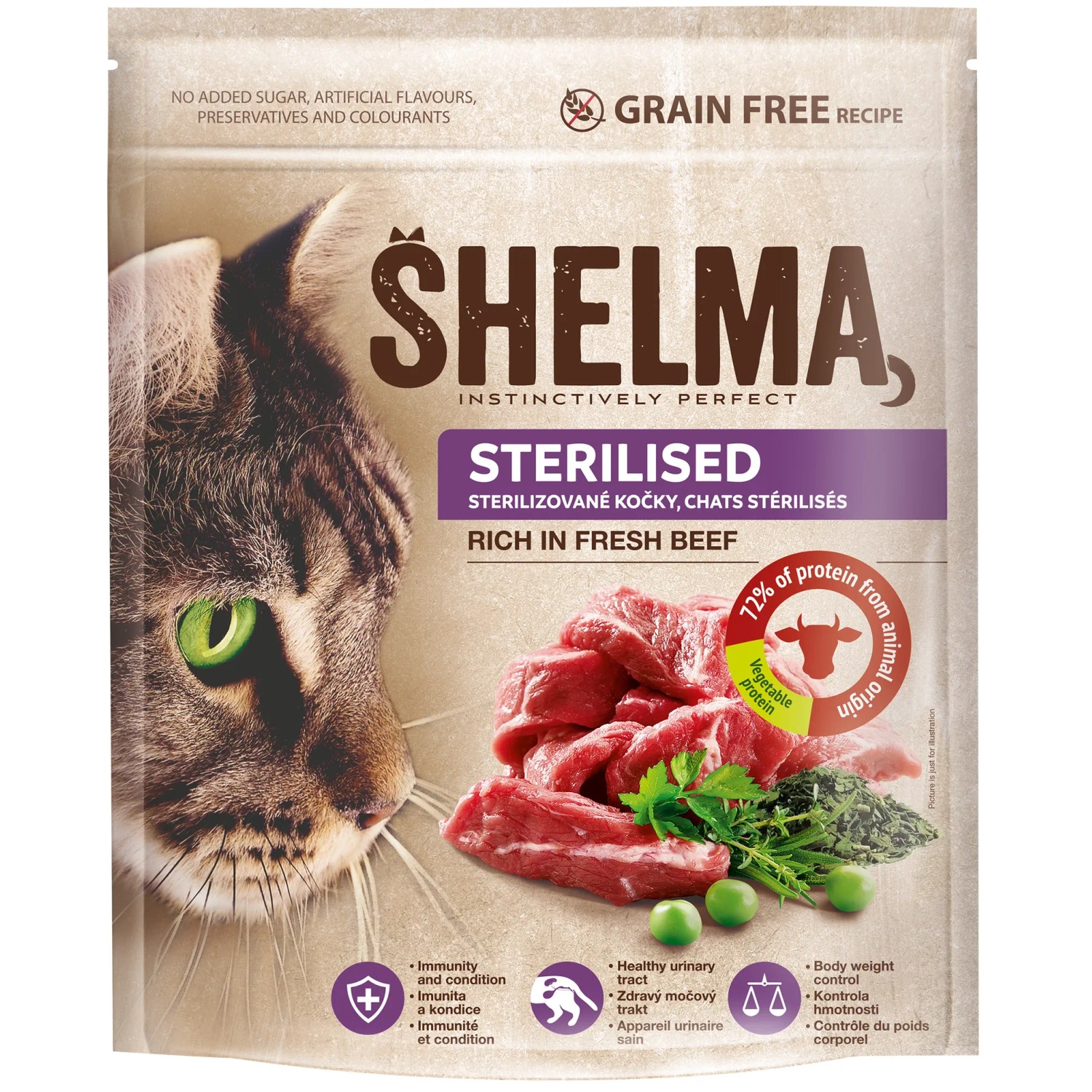 E-shop Shelma Bezobilné granule pre mačky STERILISED s čerstvým hovädzím 750 g