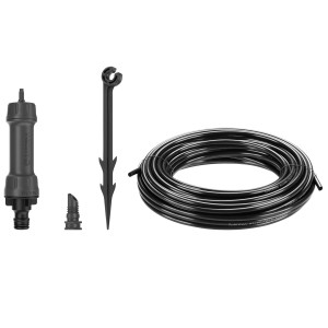 Štartovacia súprava Gardena Micro-Drip-System pre riadkové výsadby S s kvapkovacou trubicou, základnou jednotkou a príslušenstvom.