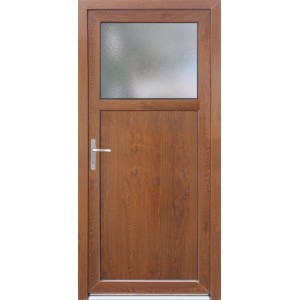 Plastové vedľajšie vchodové dvere K504 vo farbe Golden Oak so skleneným prvkom, DIN L