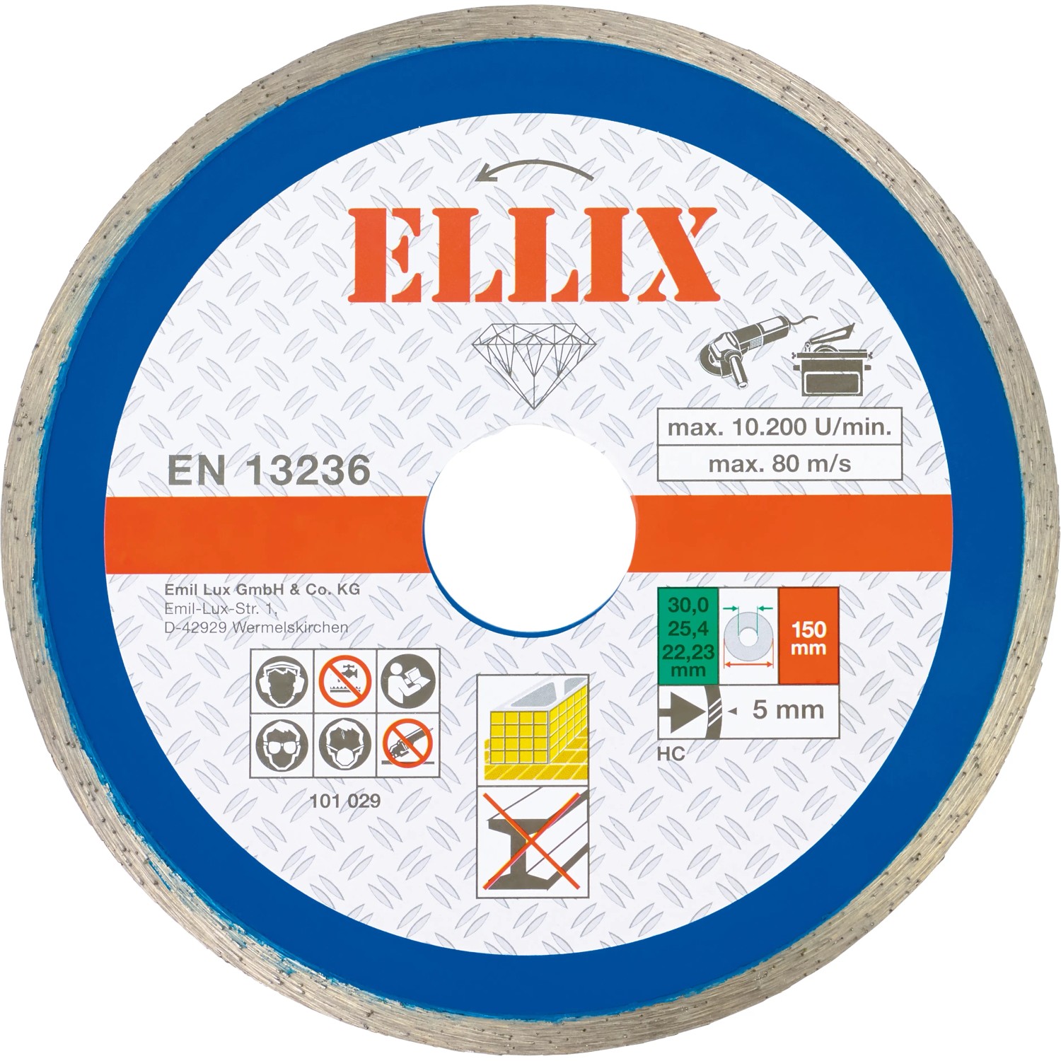 E-shop ELLIX Diamantový rezný kotúč na obklady s plným okrajom Ø 150 mm