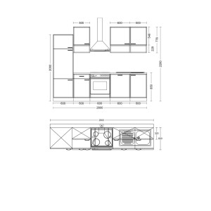 Technický výkres kuchynskej linky Flex-Well Creso 270 cm s čelným a horným pohľadom, vrátane spotrebičov.