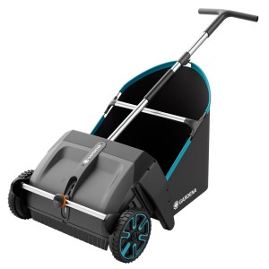 Zberač lístia Gardena pre trávniky a terasy, s kolieskami a zberným košom.
