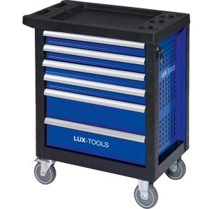 Modrý dielenský vozík LUX-TOOLS so 6 zásuvkami, oceľovým puzdrom a kolieskami.