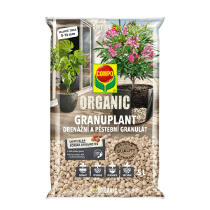 Vrece COMPO Organic Granuplant drenážny a pestovateľský granulát, prísada do substrátu pre rastliny.