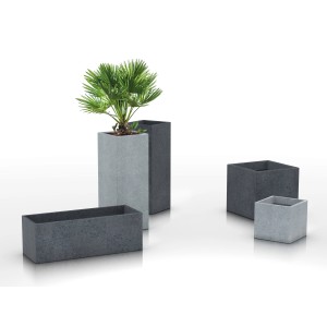 Sada kvetináčov Scheurich C-Cube vo farbe Stony Black, rôzne veľkosti.