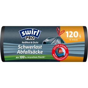 Čierne balenie Swirl Profi vriec na ťažký odpad 120L, 12 ks. So sťahovacou páskou, odolné proti roztrhnutiu a pretečeniu.