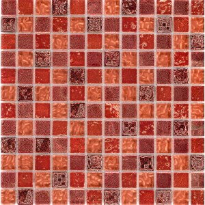 Mozaiková dlaždica Maya Red zo skla a kameňa, 30x30 cm, do kuchyne a kúpeľne.