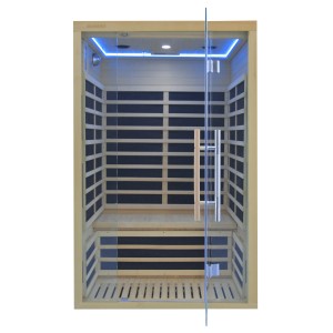 Infračervená sauna so sklenenými dverami a dreveným obkladom. Relax pre váš domov.