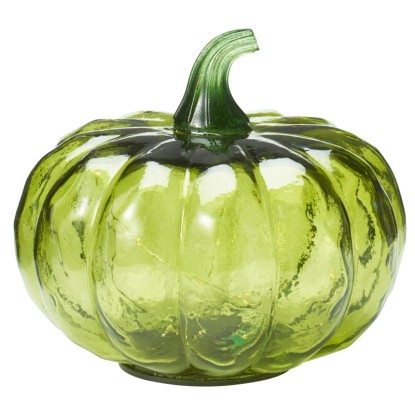 Zelená sklenená tekvicová lampa s LED osvetlením, 15 cm. Dekoratívna figúrka na jeseň a Halloween.