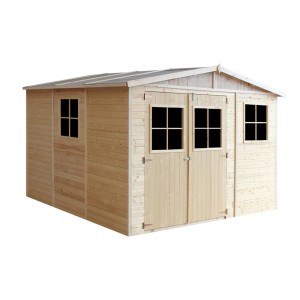 Drevený záhradný domček Timbela M335, 9 m², s oknami, bez podlahy. Neošetrené drevo s dvojkrídlovými dverami.