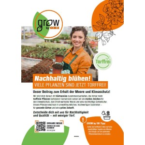 Reklama: Žena s petúniami v kvetináči, text o rastlinách bez rašeliny od GROW by OBI.