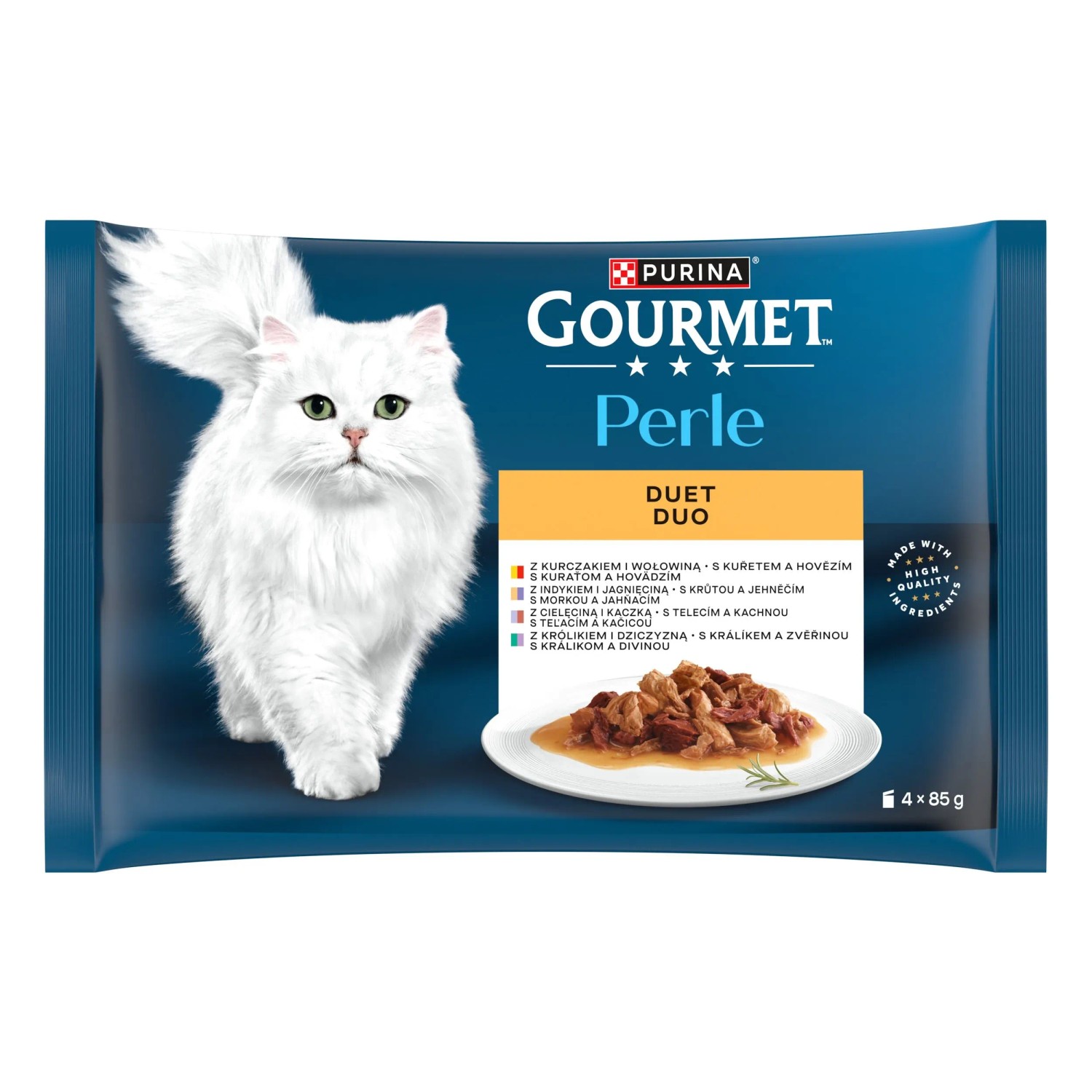 E-shop Gourmet Perle DUO Kapsičky pre mačky kura/hovädz.,morka/jahňac.,teľacie ai.4x85g