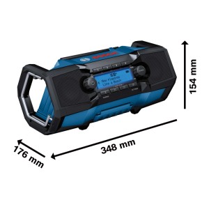 Modro-čierne akumulátorové rádio Bosch Professional GPB 18V-3SC s displejom, reproduktormi a rukoväťami. Rozmery: 348x176x154 mm.