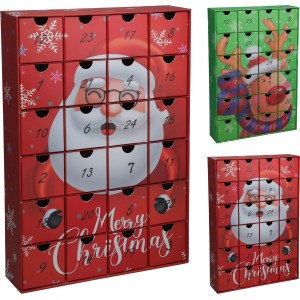 Adventný kalendár Santa a Sob, červeno-zelený, na vianočné dekorácie.