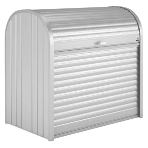 Biohort StoreMax 120 záhradný box v striebornej metalíze s roletou a cylindrickým zámkom.