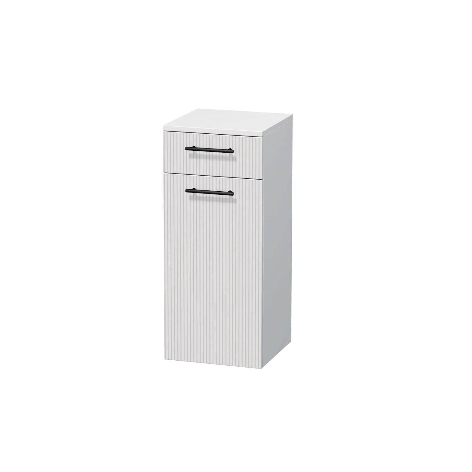 E-shop INTEDOOR Nízka skriňa BEE ľavá, úchyt čierny, š. 35 cm, biela 3D pruhy
