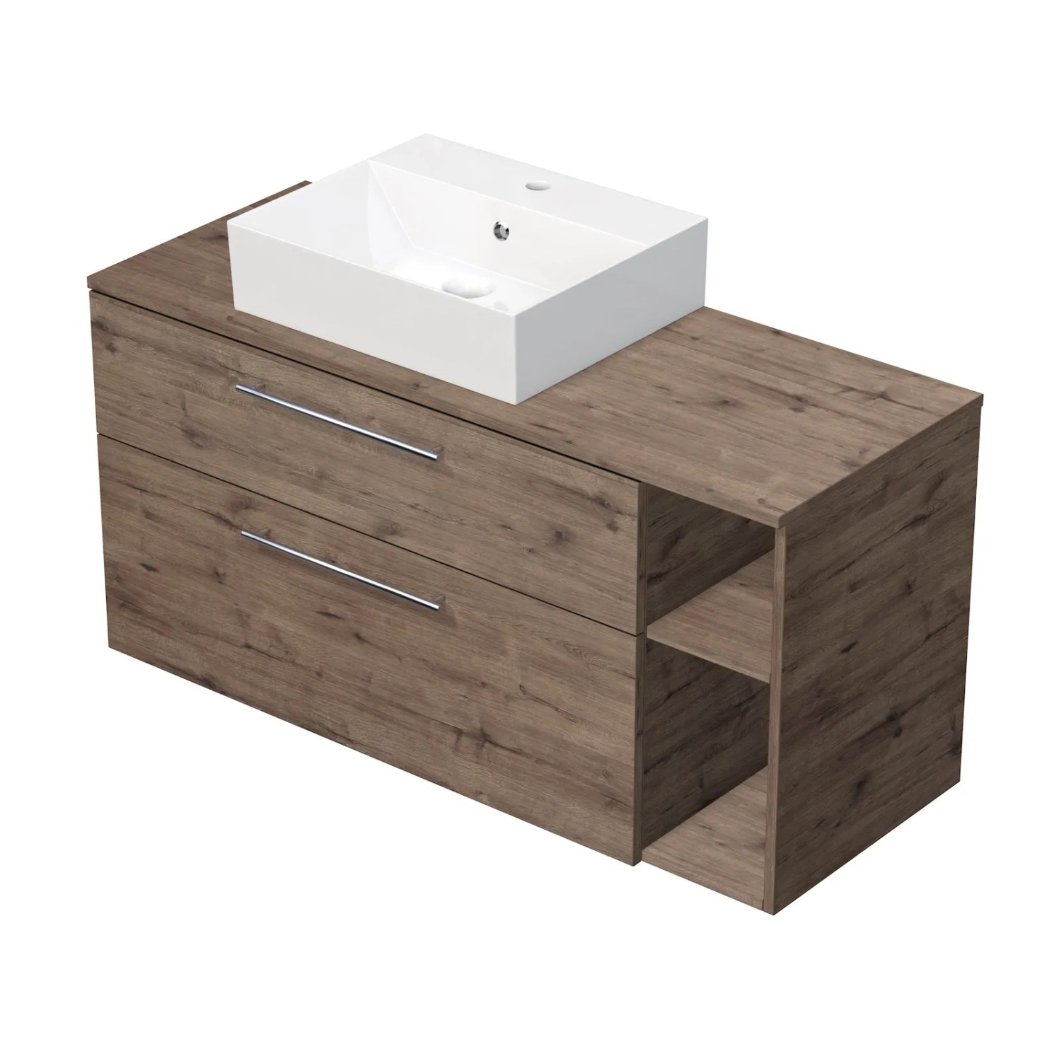 E-shop INTEDOOR Skriňa+umývadlo BEE, úchyt chróm, š.120cm, regál vpravo, dub Wellington