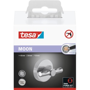 Balenie dvojitého háčika Tesa Moon z nehrdzavejúcej ocele, držiak uterákov na montáž na stenu bez vŕtania.