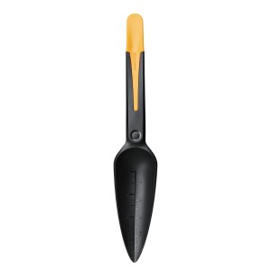 Fiskars Solid Sádzacia lopatka na semená, čierna/žltá, s meracou stupnicou a kolíkom.