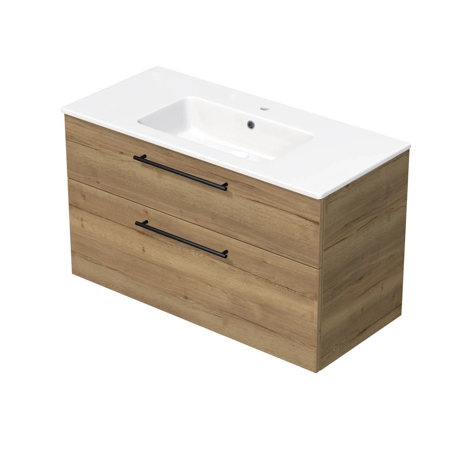E-shop INTEDOOR Kúpeľ.skriňa+umývadlo BEE, úchyt čierny, 2 zás., š. 101 cm, dub Halifax