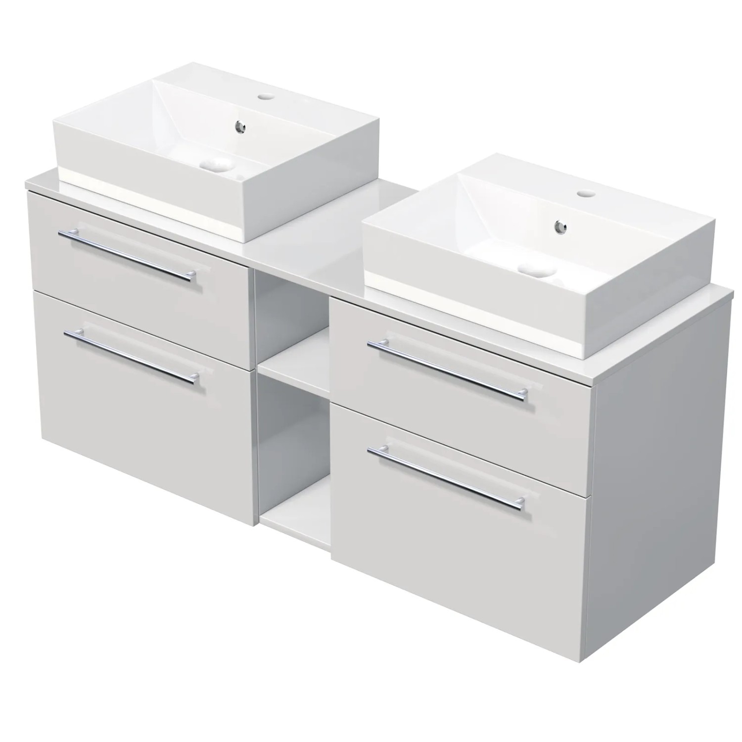 E-shop INTEDOOR Kúpeľ.skriňa+2umývadlá BEE, úchyt chróm, 140cm, regál stred, biela lesk
