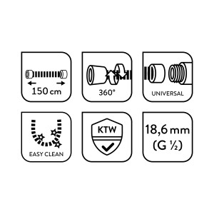 Piktogramy: Detaily sprchovej hadice Baliv BSL-150.50 (150 cm, ochrana 360°, univerzálna, ľahké čistenie, KTW)
