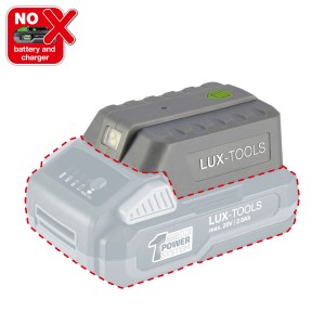 LUX USB adaptér batérie 20 V s LED svietidlom (batéria nie je súčasťou balenia). Na nabíjanie mobilných zariadení.