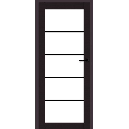 Moderné interiérové dvere s piatimi sklenenými panelmi a tmavým rámom.