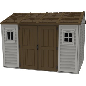 Duramax plastový záhradný domček Apex Beige, 7,6 m², s dvojkrídlovými dverami a oknom.