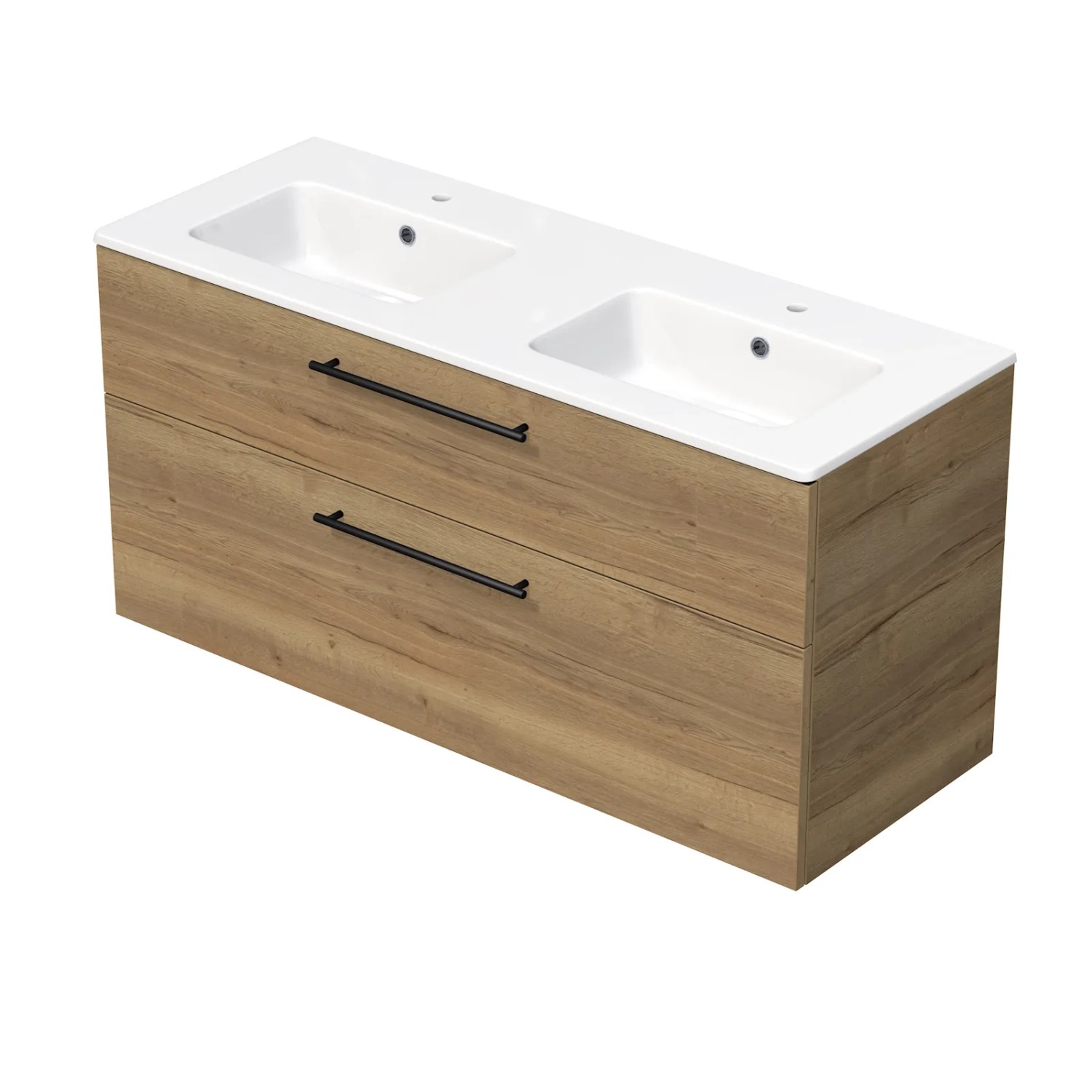 E-shop INTEDOOR Kúpeľ.skriňa+dvojumývadlo BEE, úchyt čierny, š. 121 cm, dub Halifax