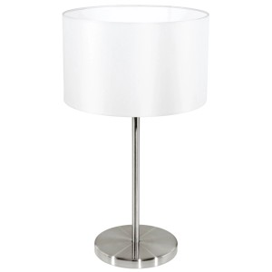 Biela stolná lampa Eglo Maserlo, nočná lampa s látkovým tienidlom a niklovou základňou.