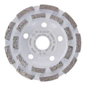 Brúsny hrniec Bosch s diamantovým kotúčom na betón, 125 mm, s brúsnymi segmentmi pre dlhú životnosť.