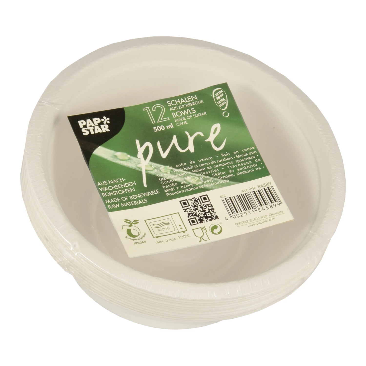 E-shop POPSTAR Misky z cukrovej trstiny PURE biele 500 ml, pr. 15,5 x 5,4 cm, 12 ks